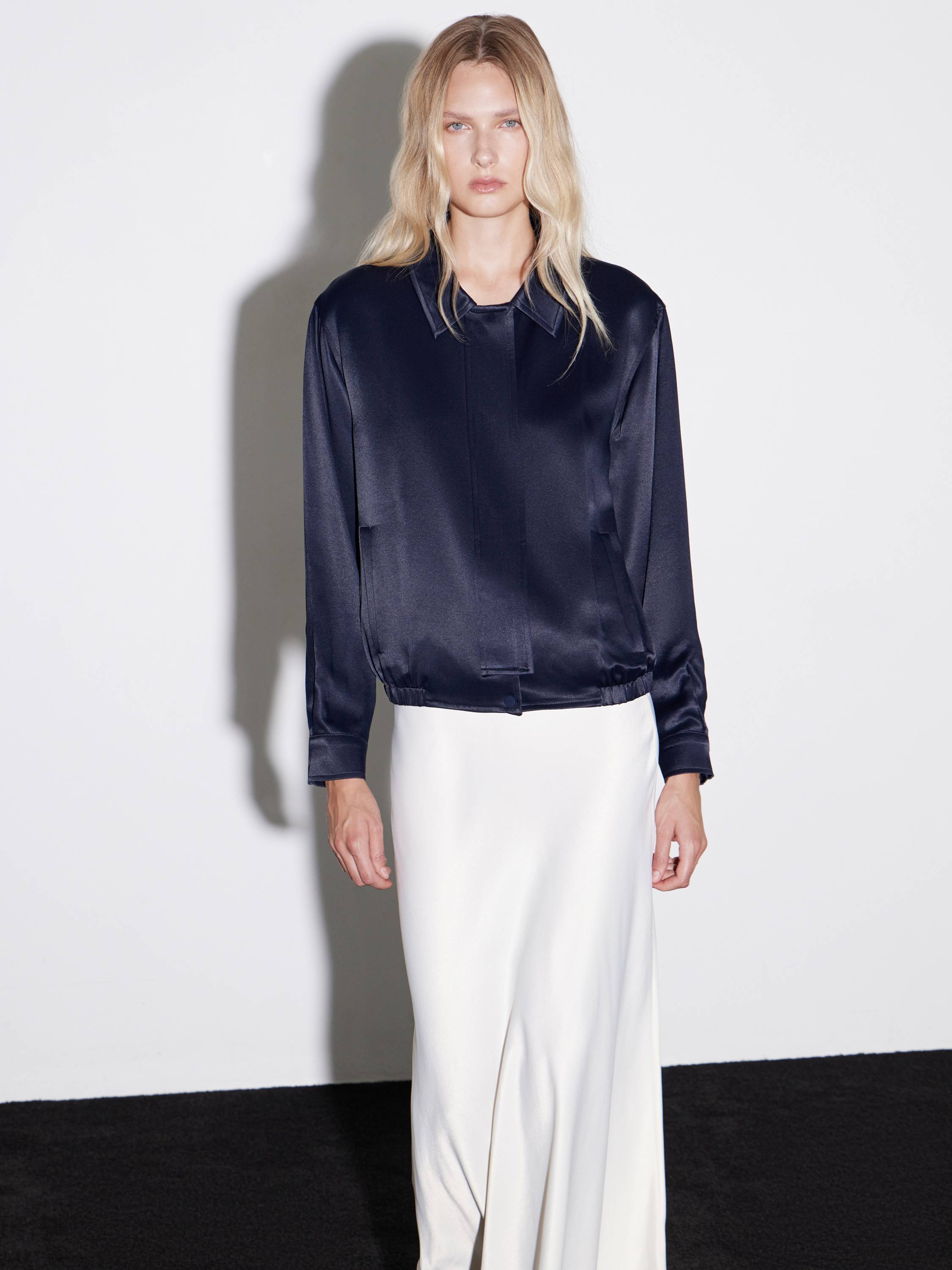 Collared Satin-Effect Rayon Blouse in Deep Plum