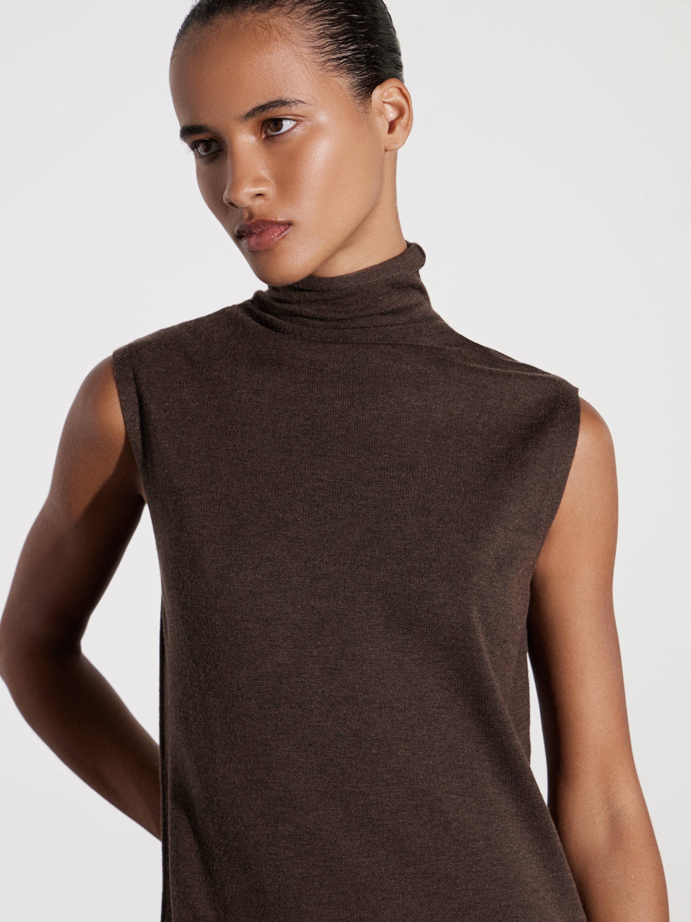 Sleeveless High-Neck Merino Wool Maxi Dress in Chocolate Brown