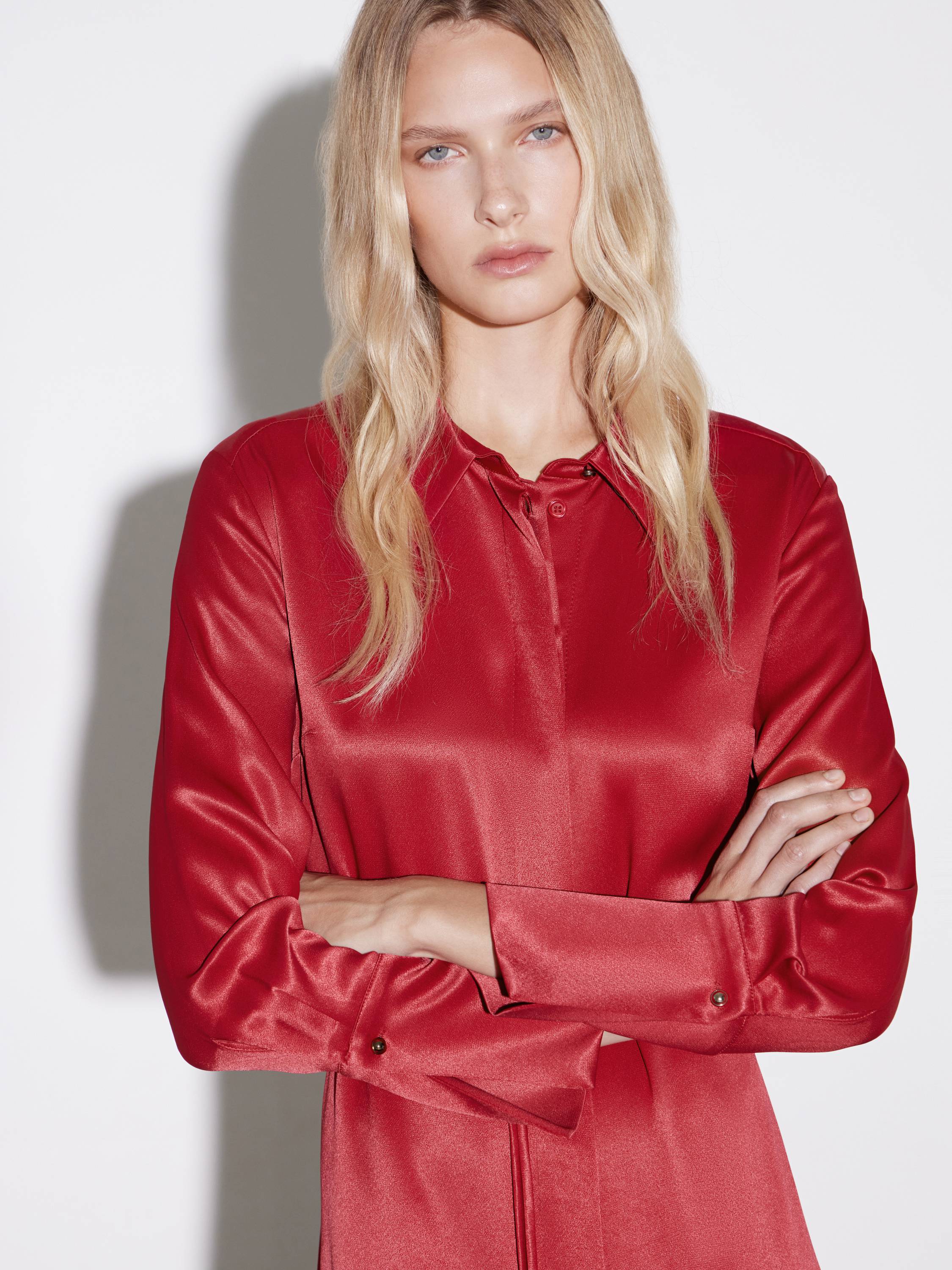 Long-Sleeve Satin-Effect Rayon Dress in Crimson Red