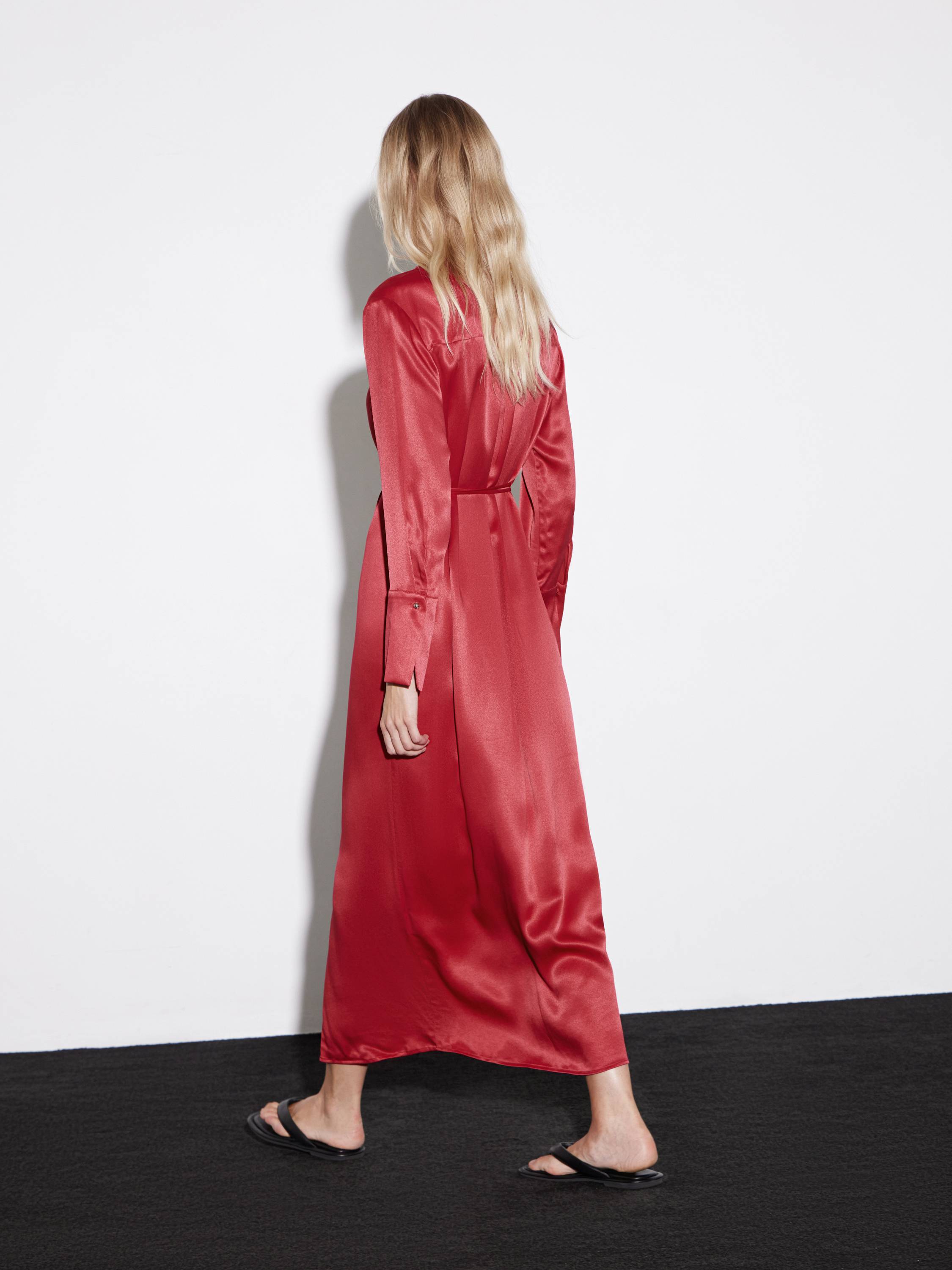 Long-Sleeve Satin-Effect Rayon Dress in Crimson Red