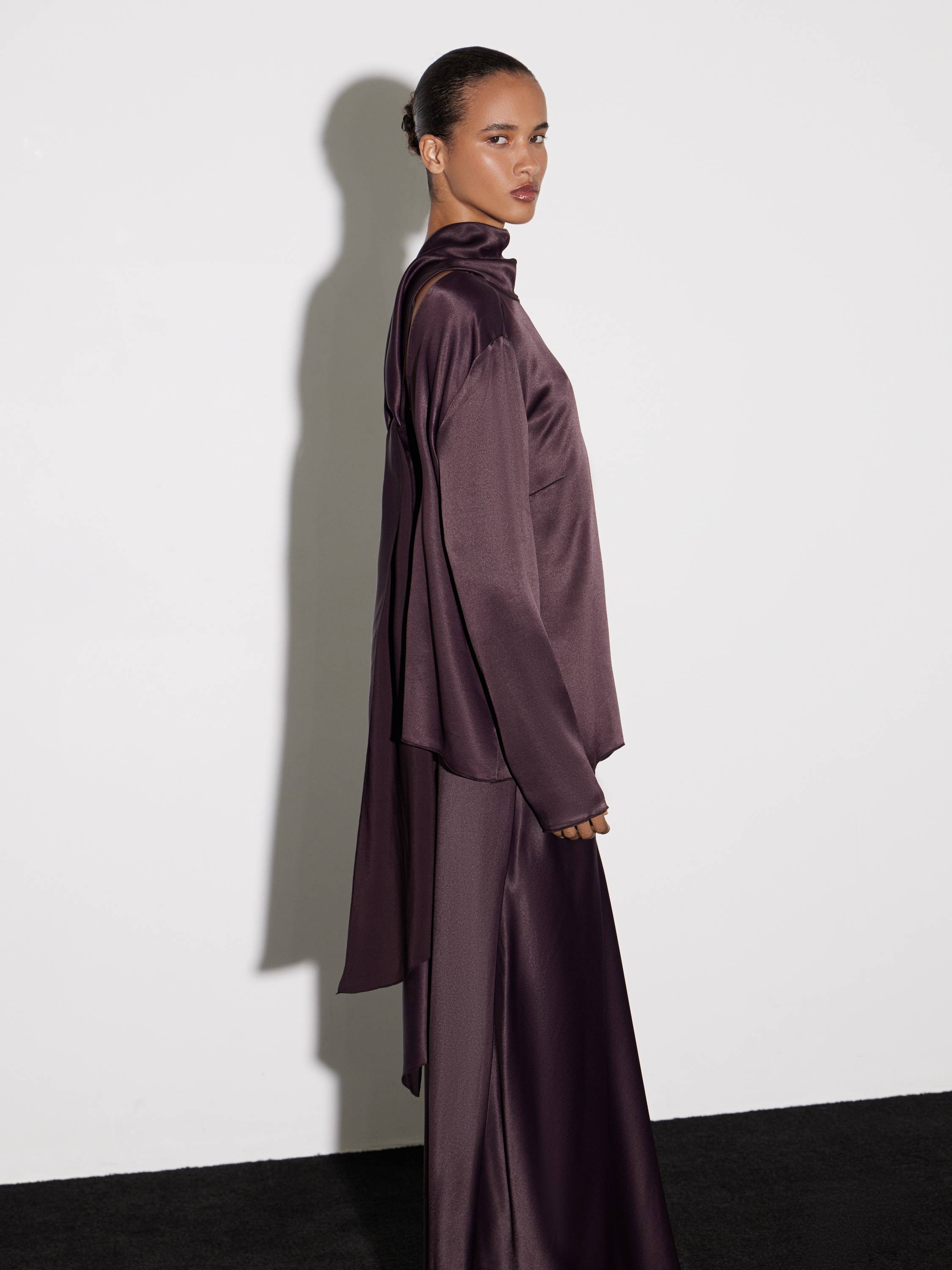 High-Neck Satin-Effect Rayon Top in Deep Plum