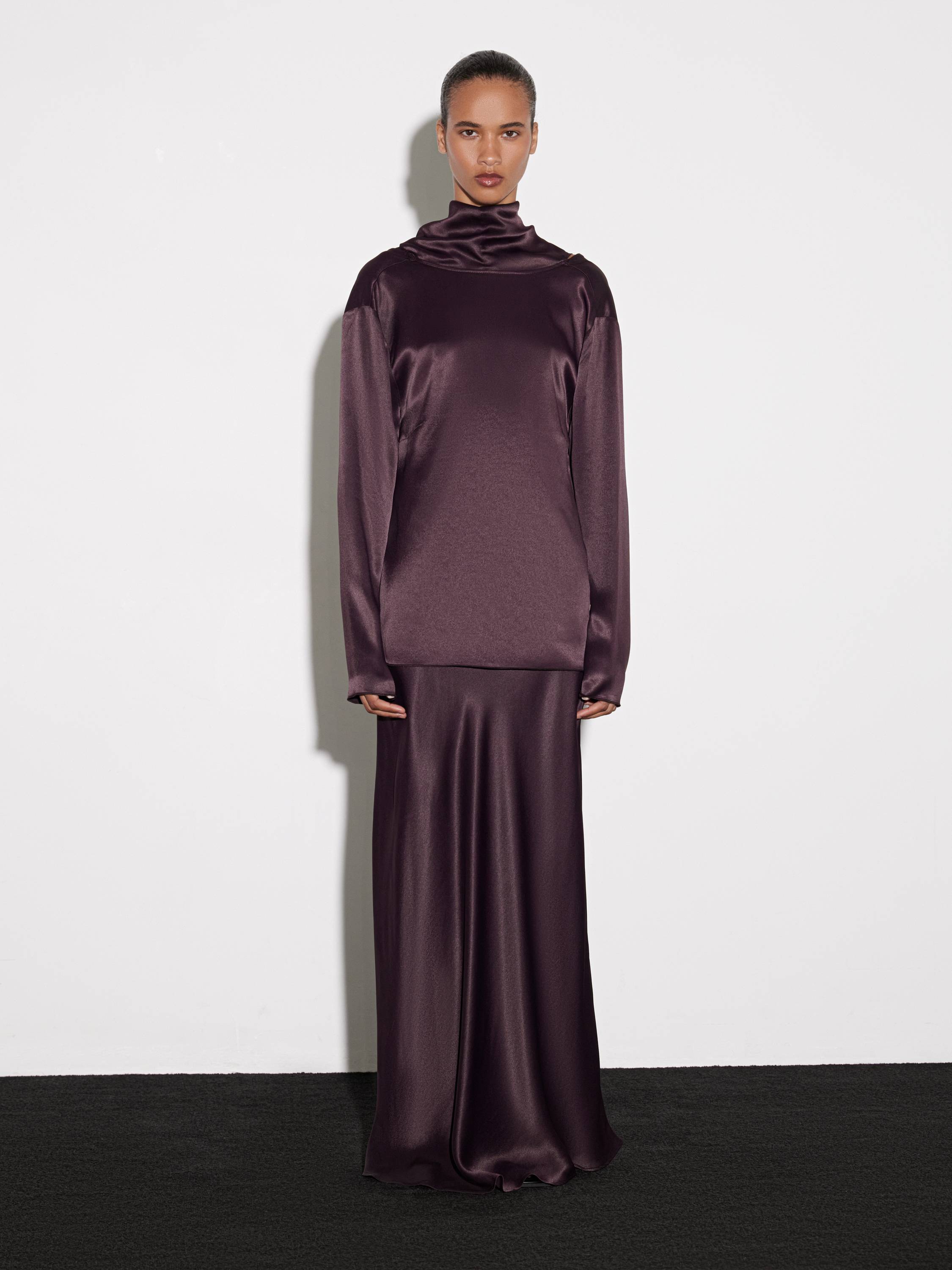High-Neck Satin-Effect Rayon Top in Deep Plum
