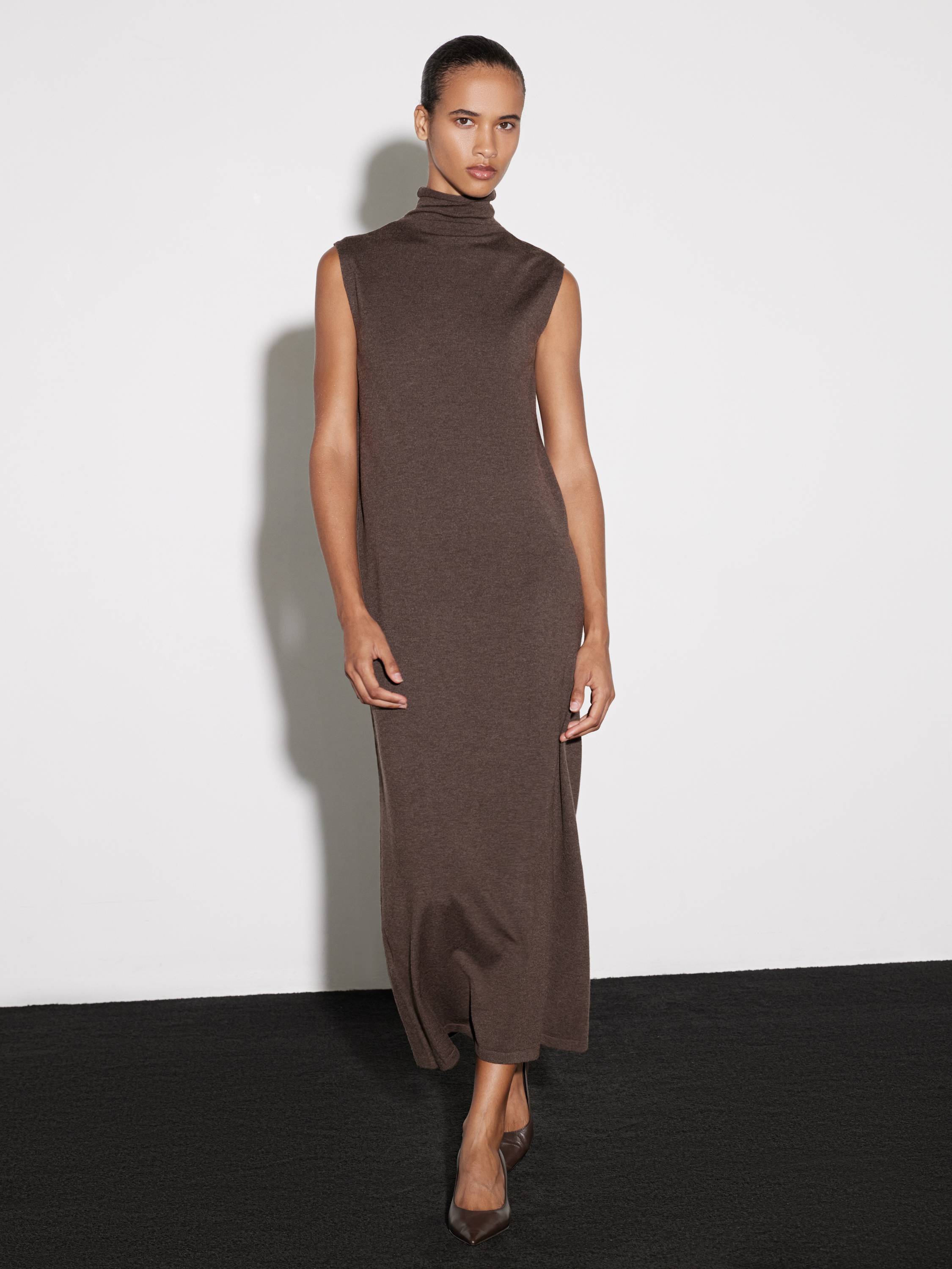 Sleeveless High-Neck Merino Wool Maxi Dress in Chocolate Brown