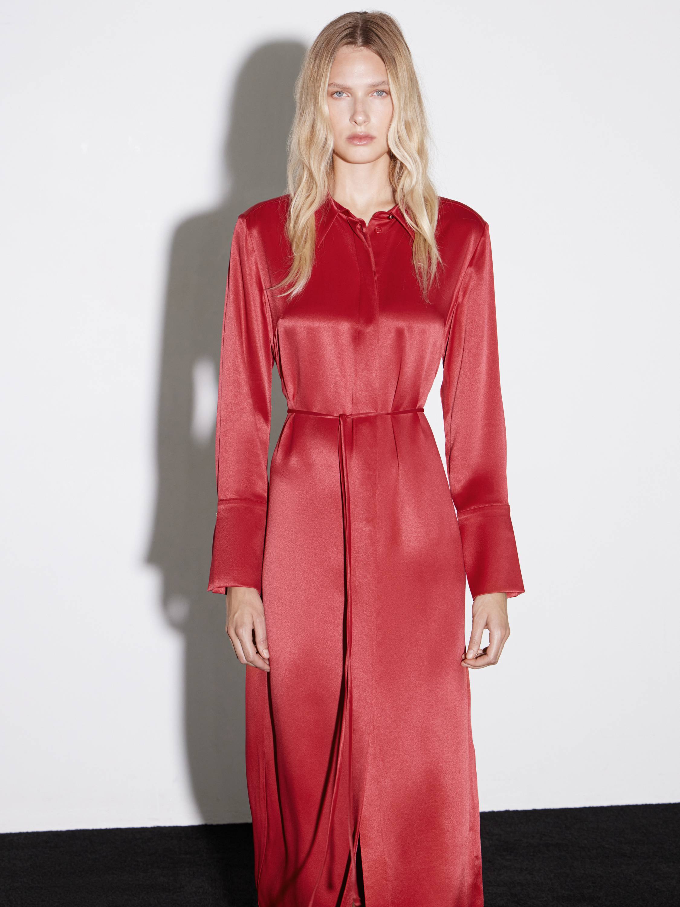 Long-Sleeve Satin-Effect Rayon Dress in Crimson Red