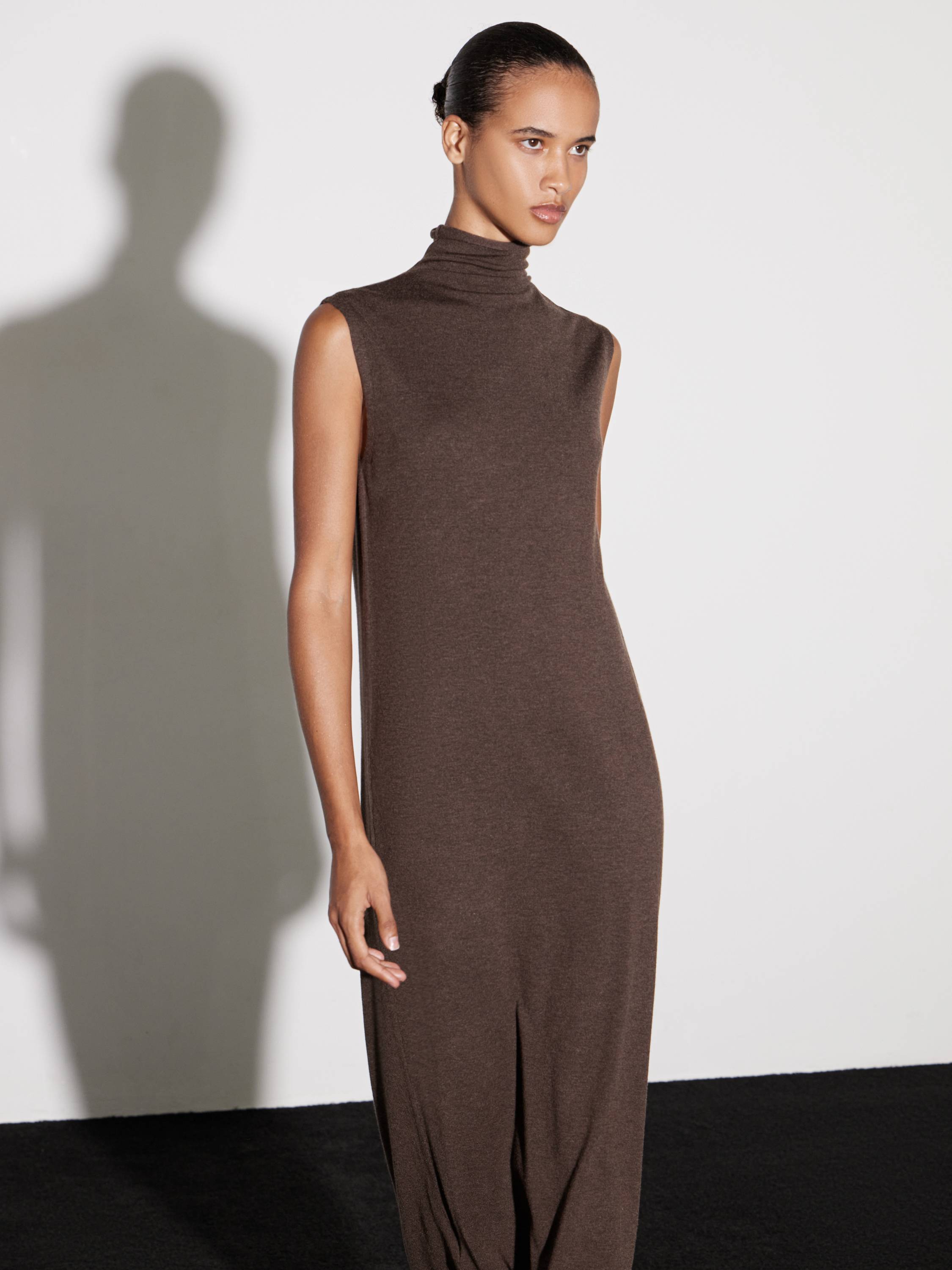 Sleeveless High-Neck Merino Wool Maxi Dress in Chocolate Brown
