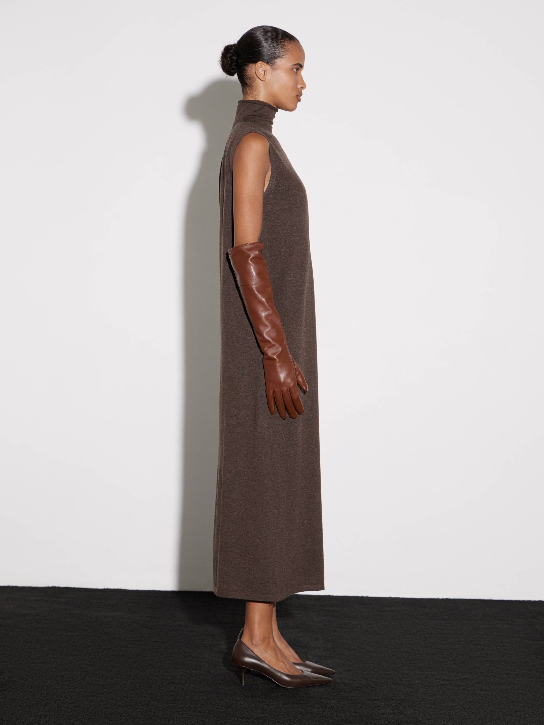 Sleeveless High-Neck Merino Wool Maxi Dress in Chocolate Brown