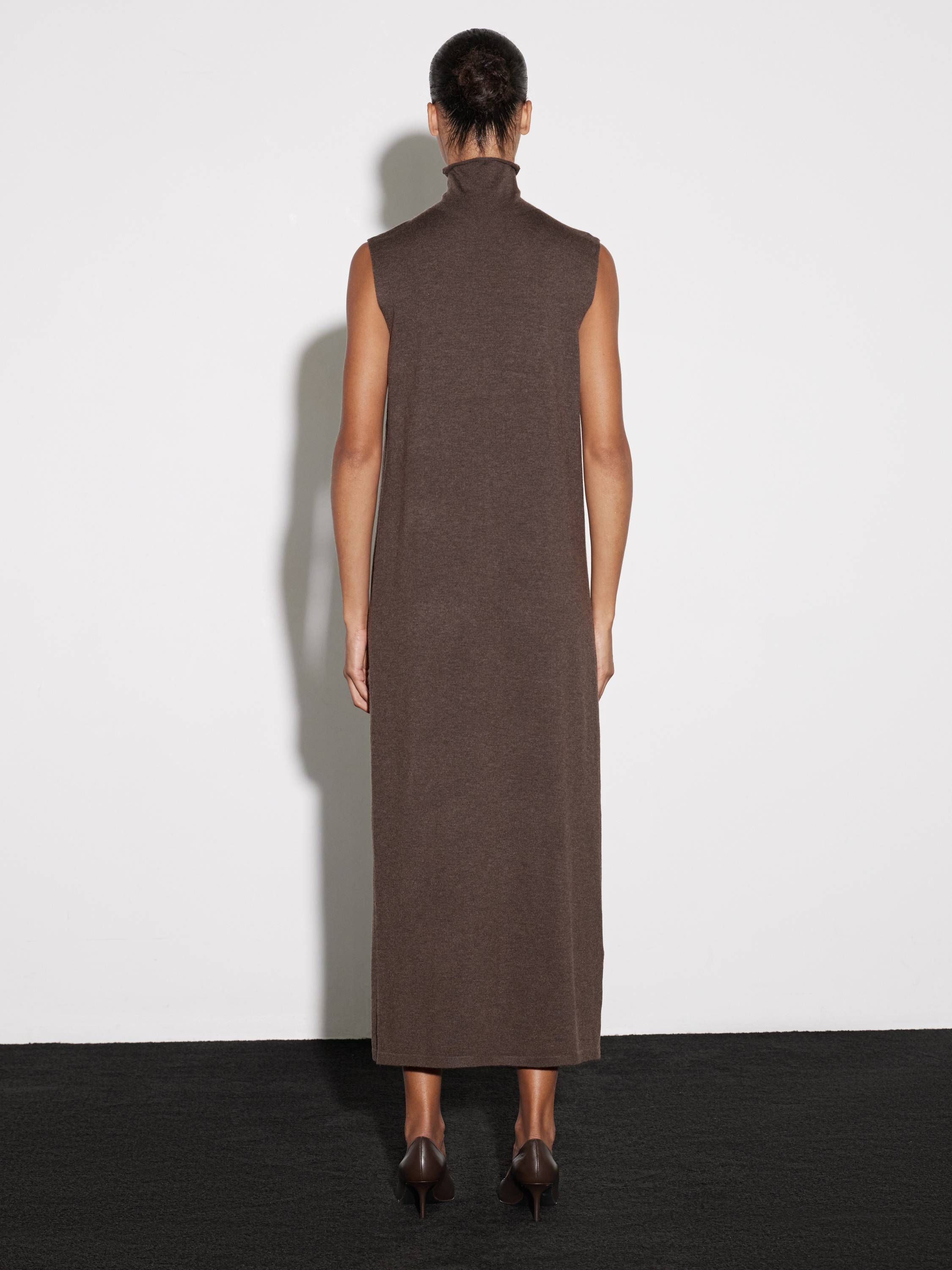 Sleeveless High-Neck Merino Wool Maxi Dress in Chocolate Brown