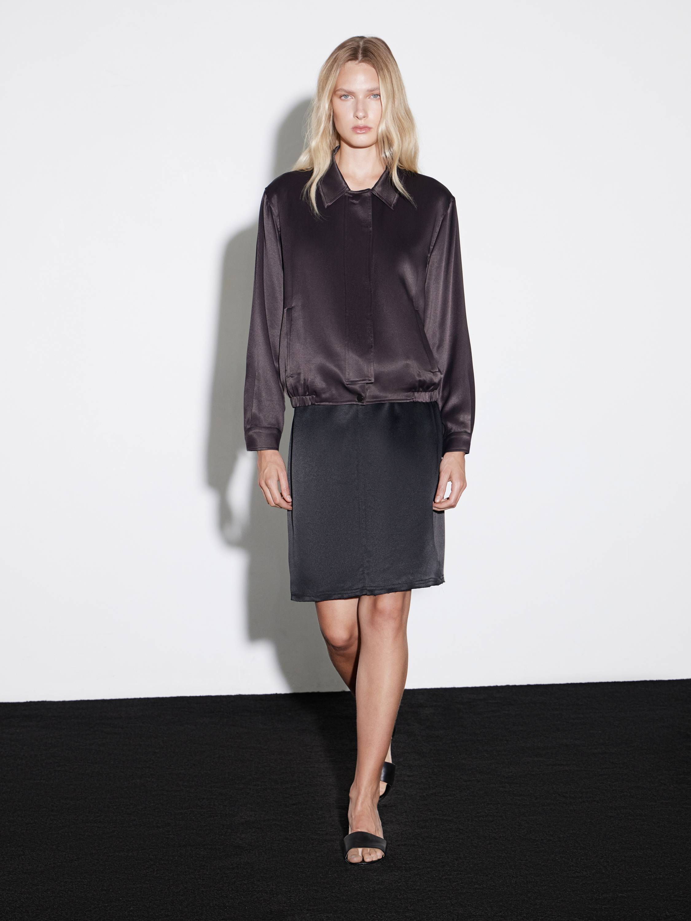 Satin-Effect Rayon Knee-Length Skirt in Black