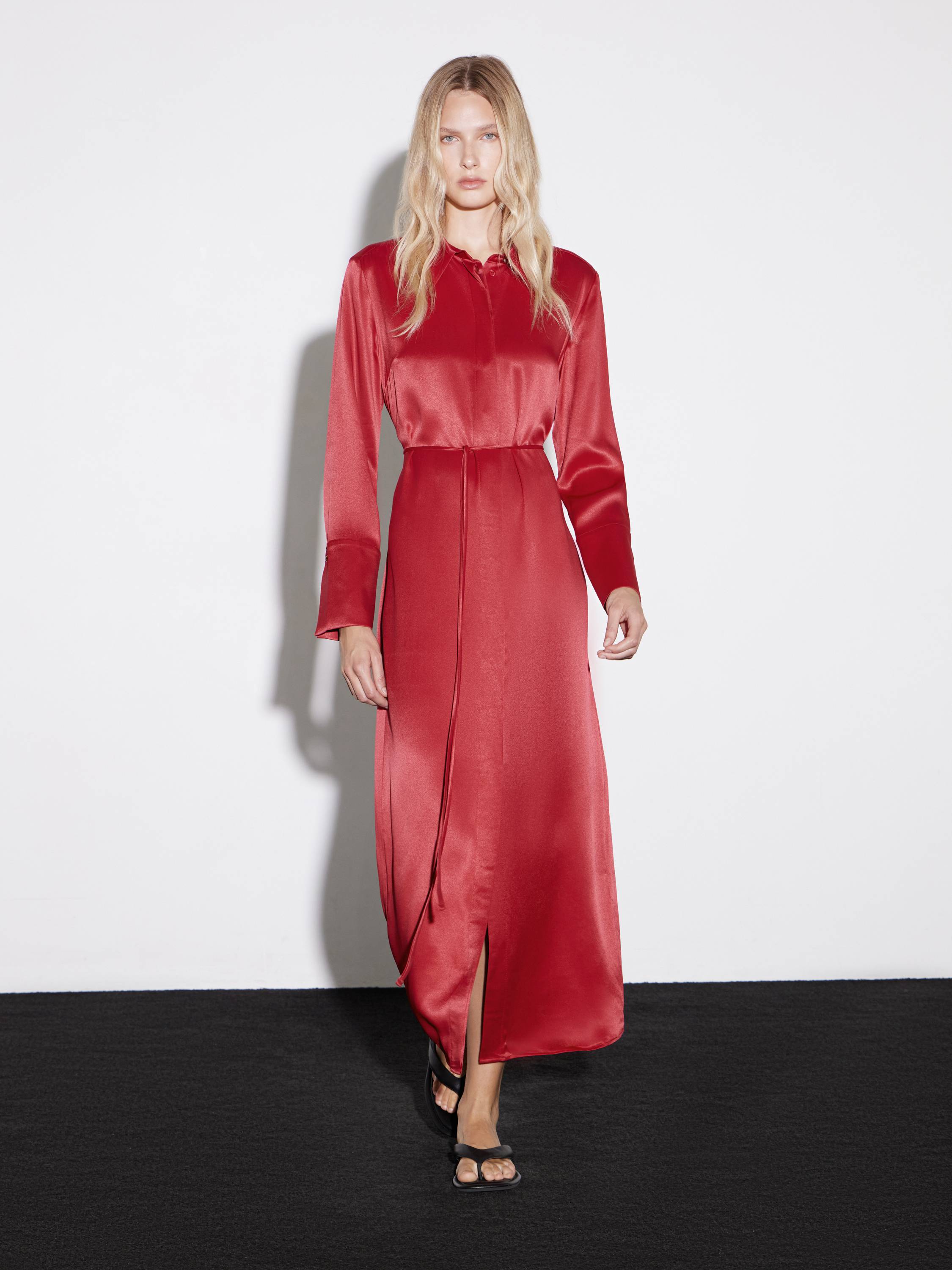 Long-Sleeve Satin-Effect Rayon Dress in Crimson Red