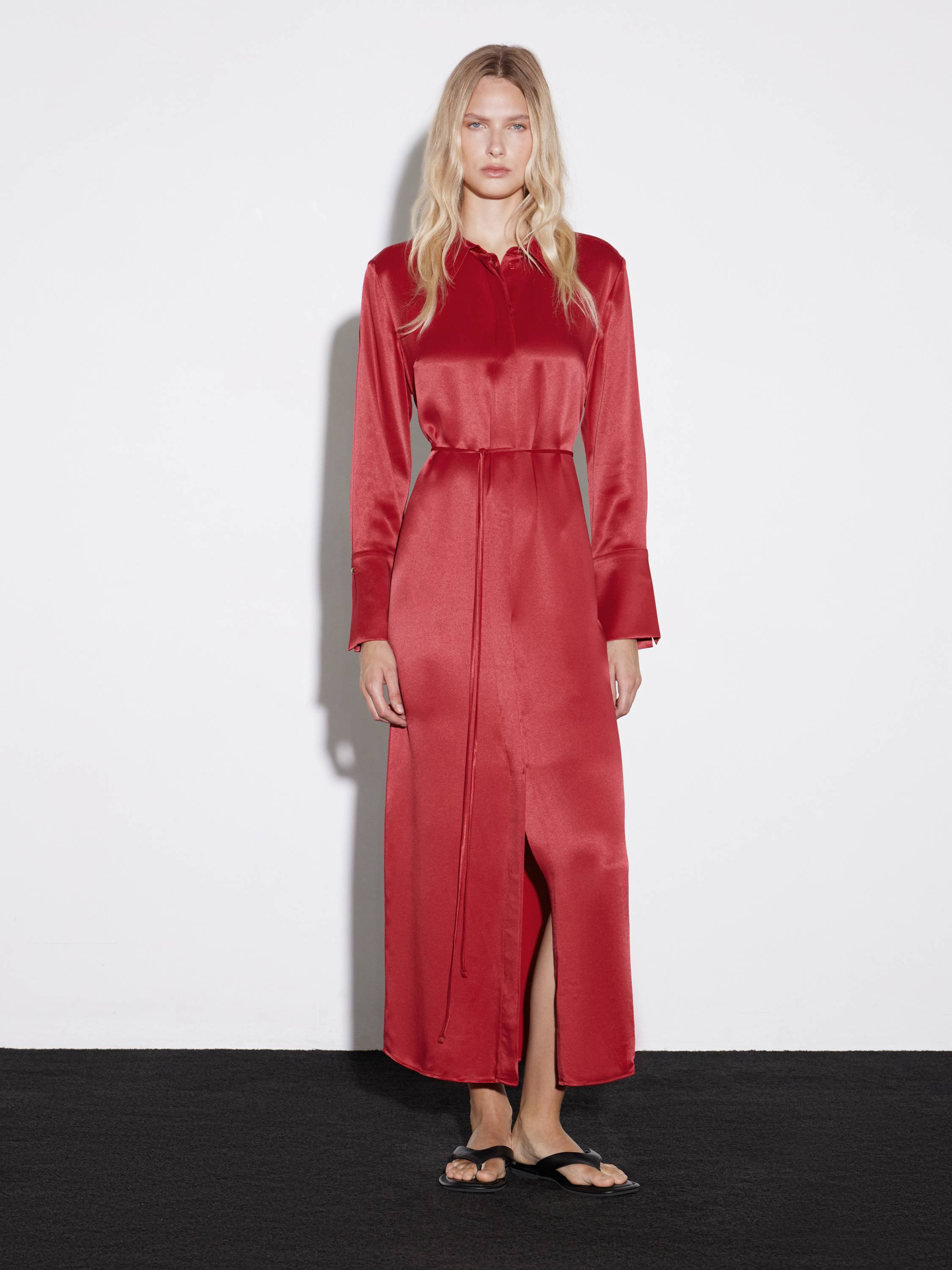 Long-Sleeve Satin-Effect Rayon Dress in Crimson Red