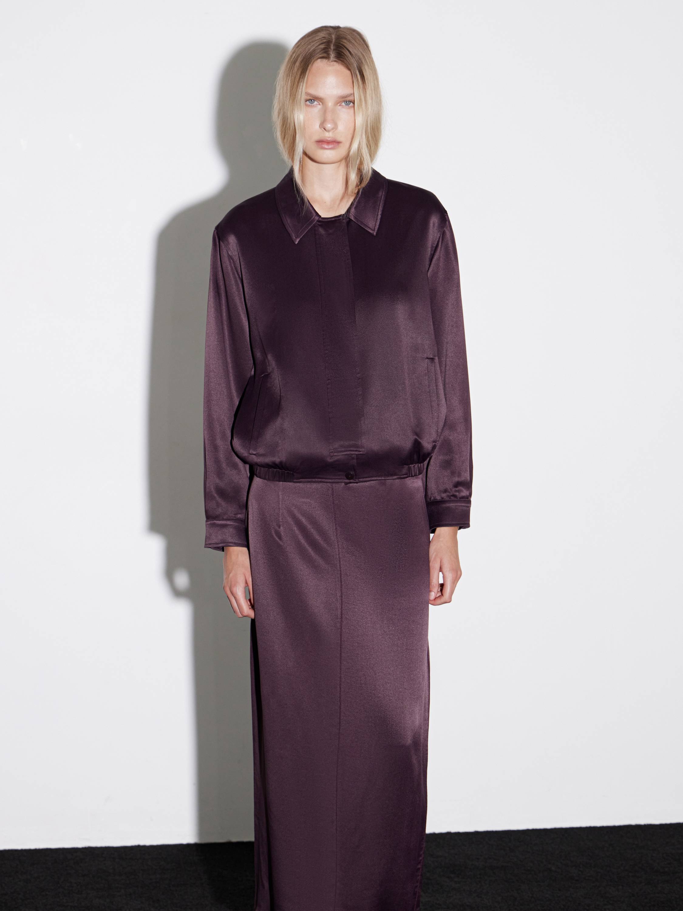 Collared Satin-Effect Rayon Blouse in Deep Plum