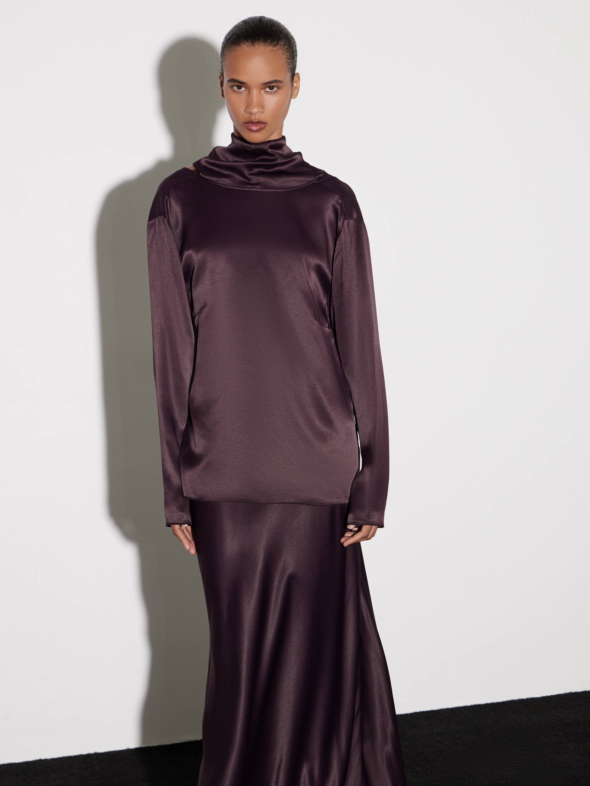 High-Neck Satin-Effect Rayon Top in Deep Plum