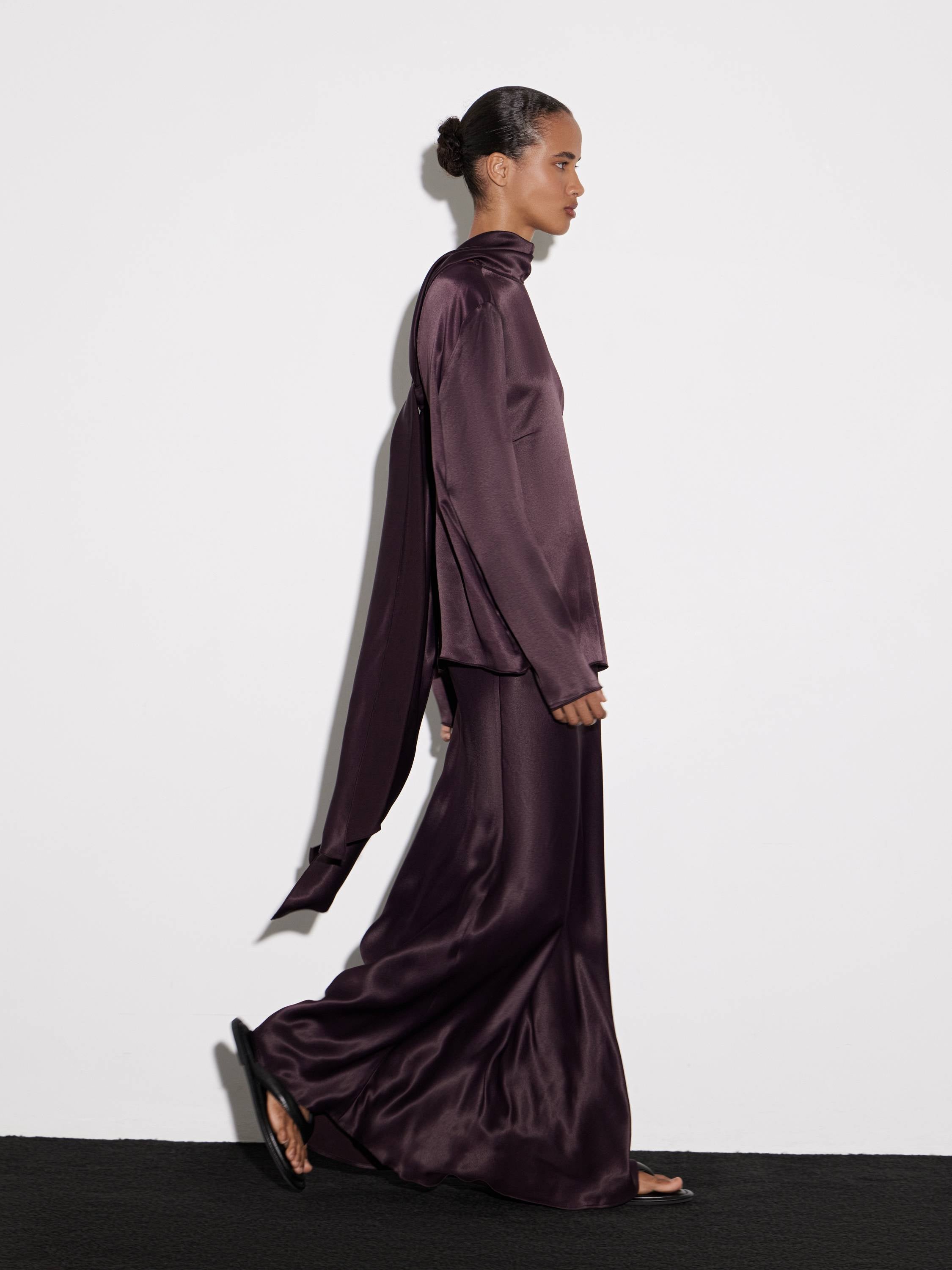 High-Neck Satin-Effect Rayon Top in Deep Plum