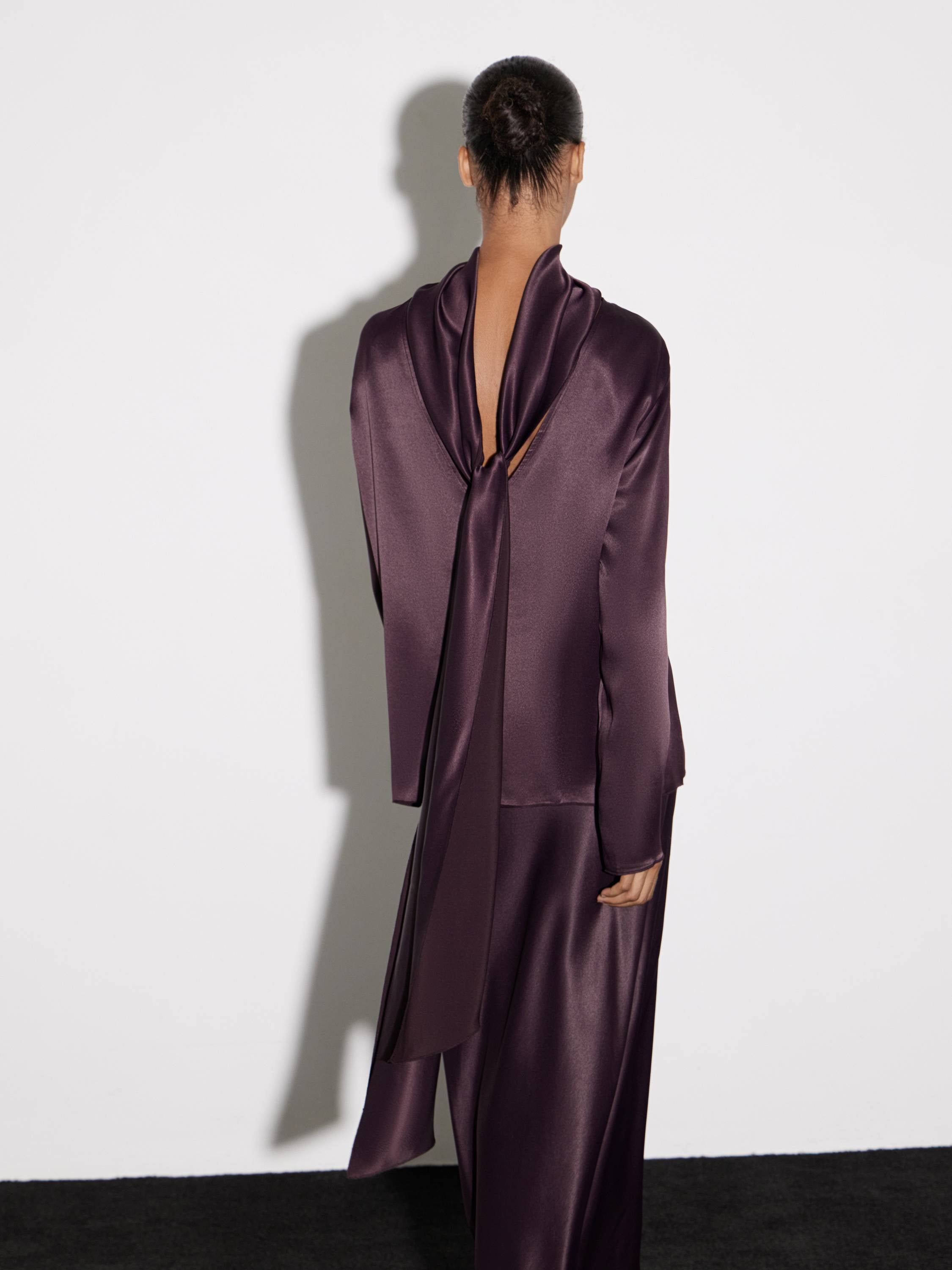 High-Neck Satin-Effect Rayon Top in Deep Plum