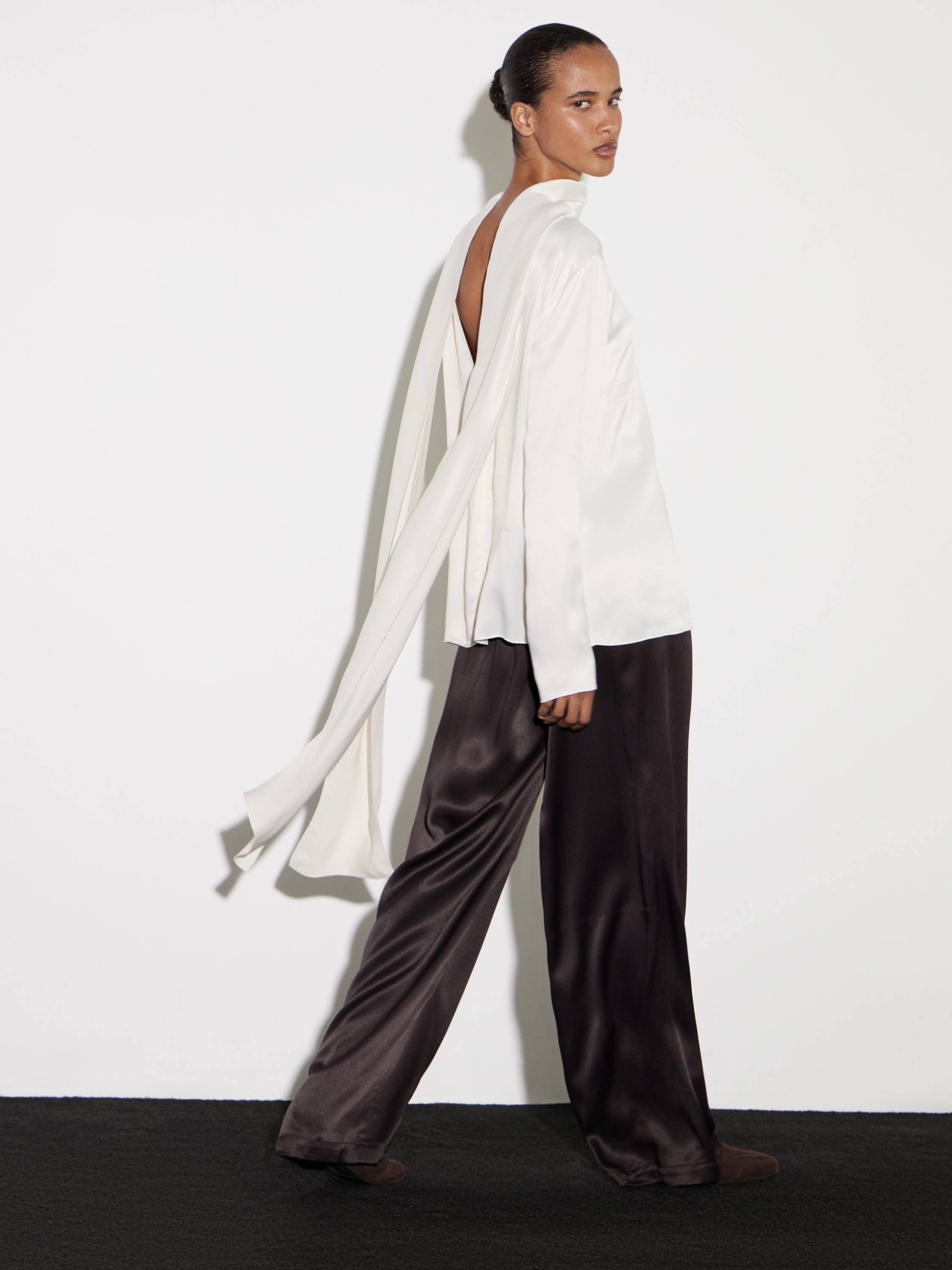 High-Neck Satin-Effect Rayon Top in Deep Plum