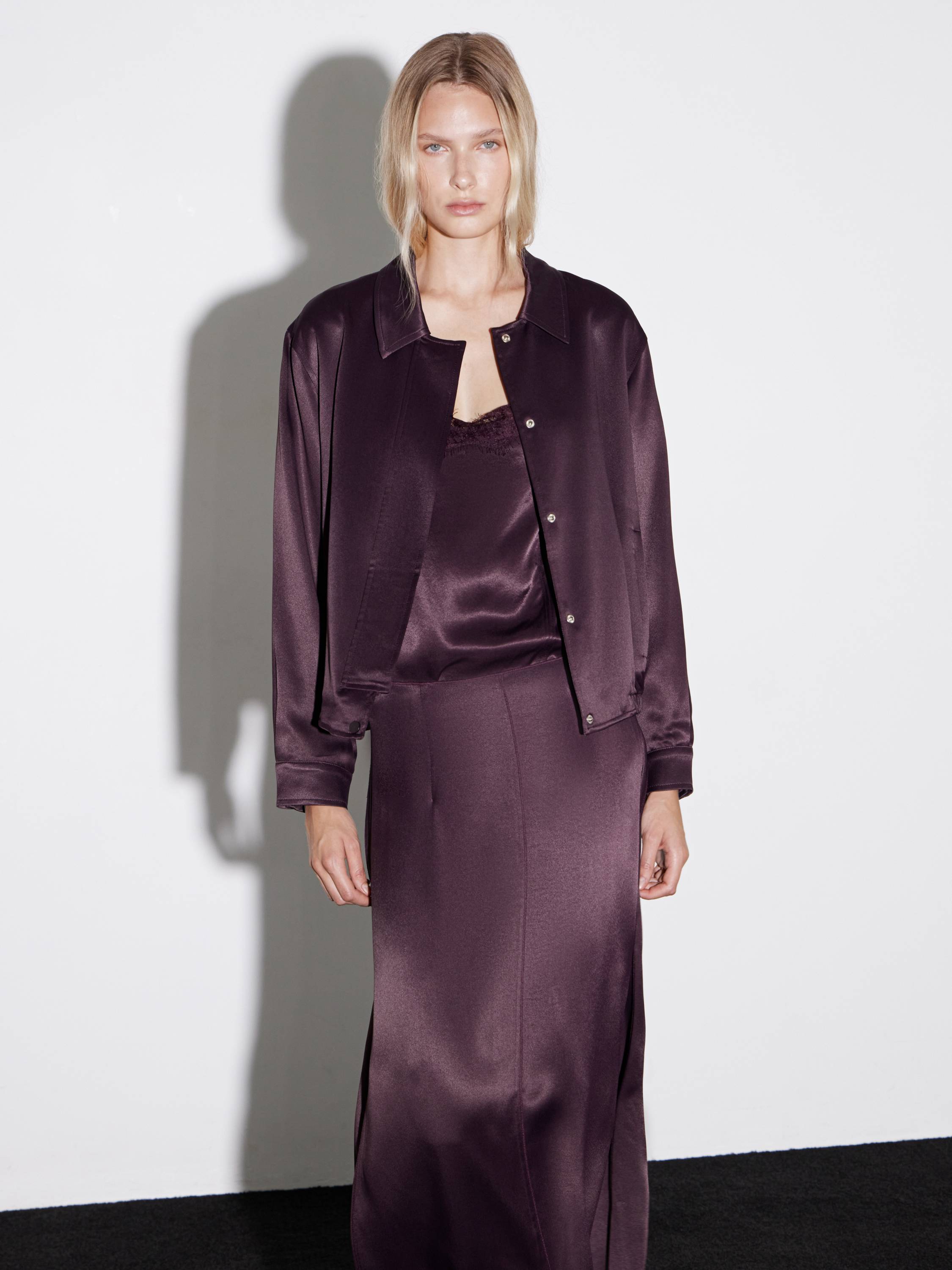 Collared Satin-Effect Rayon Blouse in Deep Plum