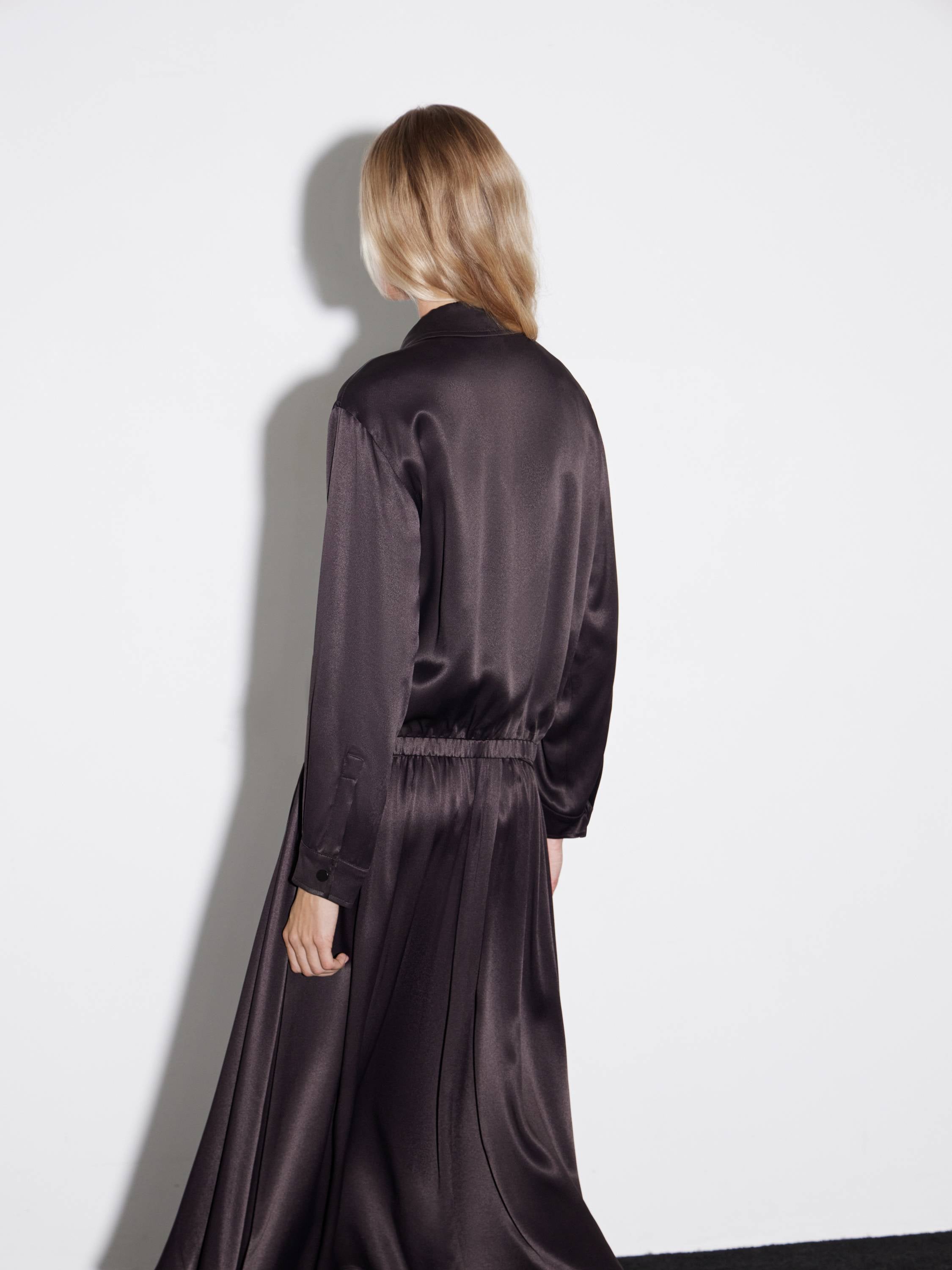Collared Satin-Effect Rayon Blouse in Deep Plum